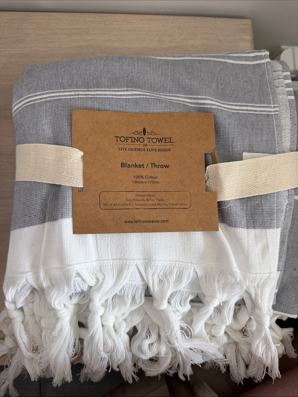 Tofino Towel Co. Gray White 100% Cotton Fringe Throw Blanket 130x170cm
